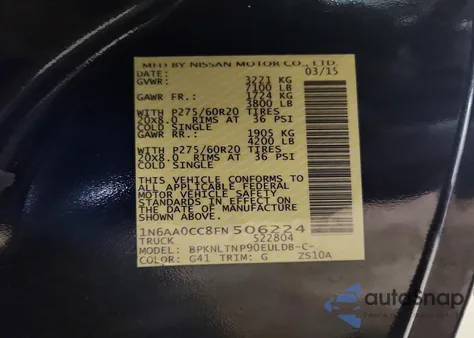 2015 Nissan Titan S z USA, uszkodzony, nr VIN 1N6AA0CC8FN506224